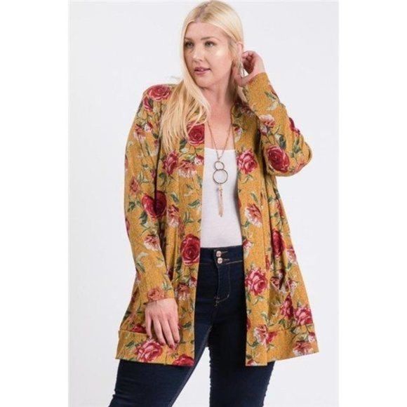 Mustard Yellow Flower Print Pocket Flower Print Hacci Cardigan - Picture 4 of 7